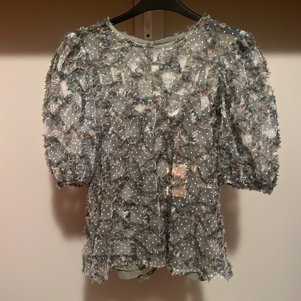 Entro Green & Tan Embellished Puff Sleeve Blouse
